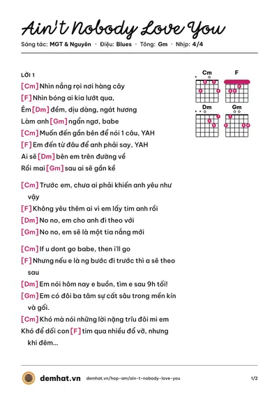 Hợp âm Ain't Nobody Love You (Nguyên) – bản nhạc PDF trang 1, tông Gm