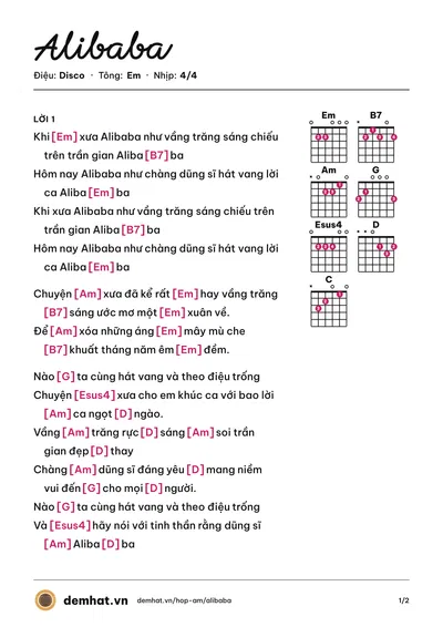 Hợp âm Alibaba (Tốp ca thiếu nhi) – bản nhạc PDF trang 1, tông Em