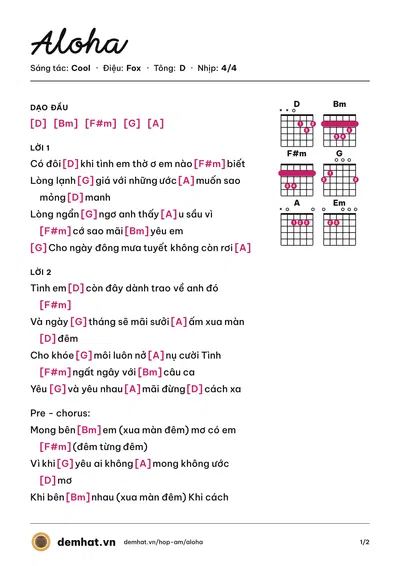 Hợp âm Aloha (Đông Nhi) – bản nhạc PDF trang 1, tông D