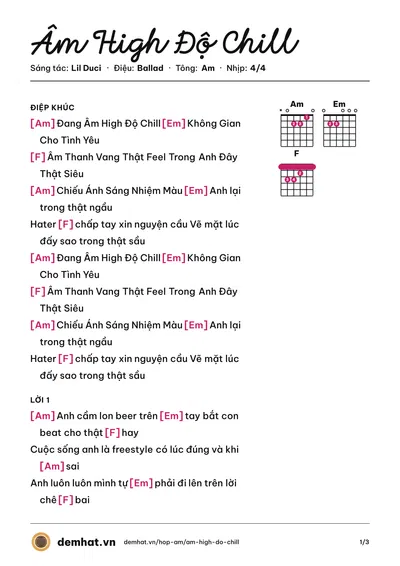 Hợp âm Âm High Độ Chill (Lil Duci) – bản nhạc PDF trang 1, tông Am