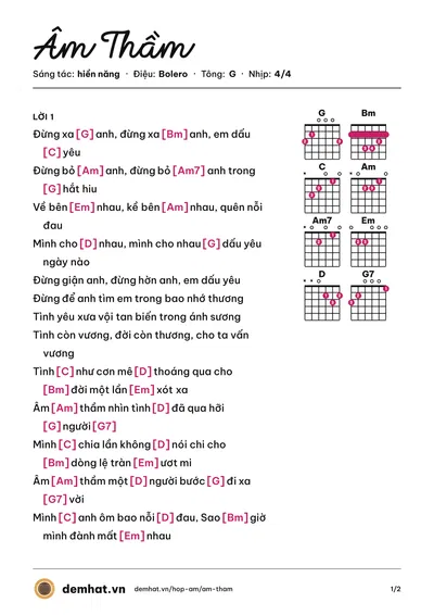 Hợp âm Âm Thầm (Thủy Tiên) – bản nhạc PDF trang 1, tông G
