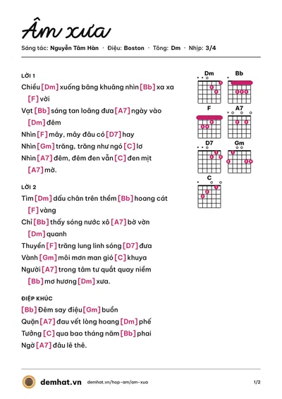 Hợp âm Âm xưa (Thu Hương) – bản nhạc PDF trang 1, tông Dm