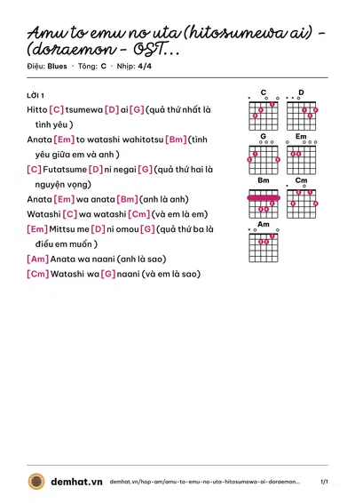Hợp âm Amu to emu no uta (hitosumewa ai) - (doraemon - OST 2006) (Quân Keyboard) – bản nhạc PDF trang 1, tông C