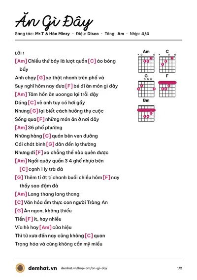 Hợp âm Ăn Gì Đây (Hòa Minzy) – bản nhạc PDF trang 1, tông Am