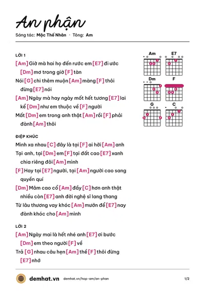 Hợp âm An phận (Mặc Thế Nhân) – bản nhạc PDF trang 1, tông Am