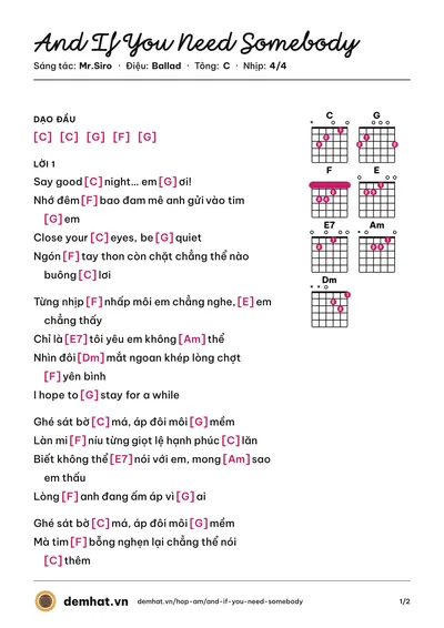 Hợp âm And If You Need Somebody (Mr.Siro) – bản nhạc PDF trang 1, tông C