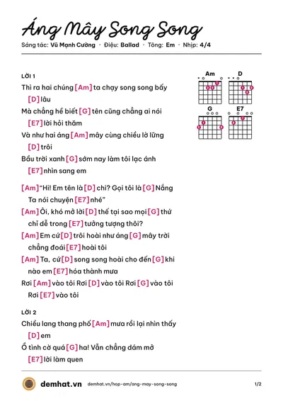 Hợp âm Áng Mây Song Song (Vũ Mạnh Cường) – bản nhạc PDF trang 1, tông Em