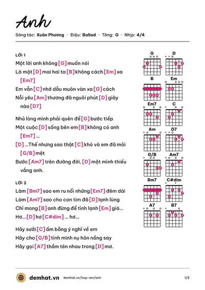 Hợp âm Anh (Hồ Quỳnh Hương) – bản nhạc PDF trang 1, tông G