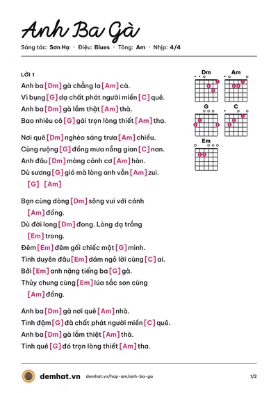 Hợp âm Anh Ba Gà (Hồ Việt Trung) – bản nhạc PDF trang 1, tông Am