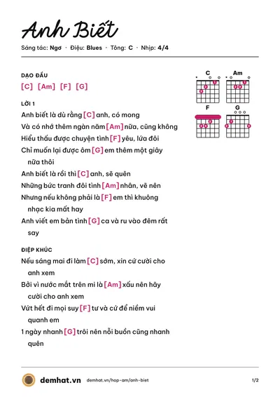 Hợp âm Anh Biết (Nger) – bản nhạc PDF trang 1, tông C