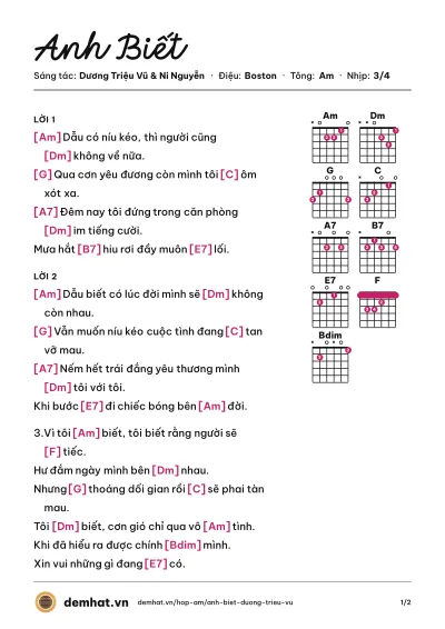 Hợp âm Anh Biết (Dương Triệu Vũ) – bản nhạc PDF trang 1, tông Am