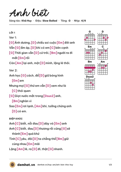 Hợp âm Anh biết (Khả Huy) – bản nhạc PDF trang 1, tông G