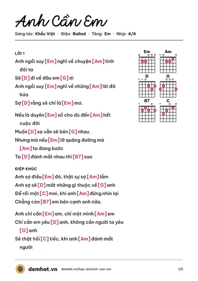 Hợp âm Anh Cần Em (Khắc Việt) – bản nhạc PDF trang 1, tông Em