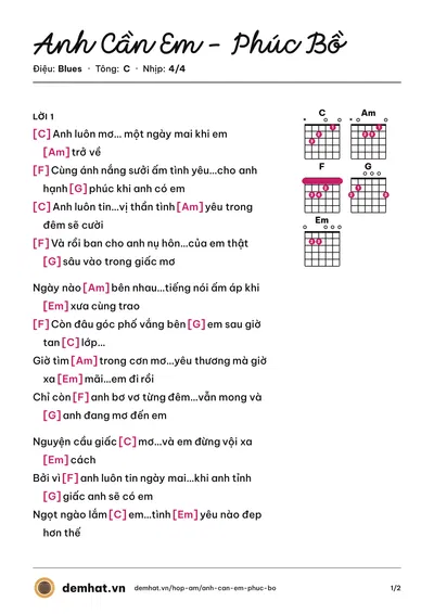 Hợp âm Anh Cần Em - Phúc Bồ (Phúc Bồ) – bản nhạc PDF trang 1, tông C