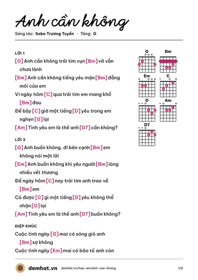 Hợp âm Anh cần không (Saka Trương Tuyền) – bản nhạc PDF trang 1, tông G