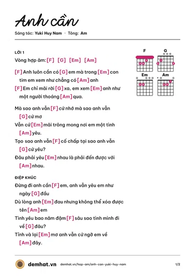 Hợp âm Anh cần (Triều Hải) – bản nhạc PDF trang 1, tông Am