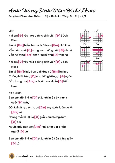 Hợp âm Anh Chàng Sinh Viên Bách Khoa (Phạm Minh Thành) – bản nhạc PDF trang 1, tông G