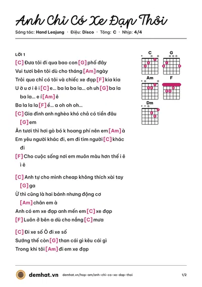 Hợp âm Anh Chỉ Có Xe Đạp Thôi (Hoàng Bách) – bản nhạc PDF trang 1, tông C
