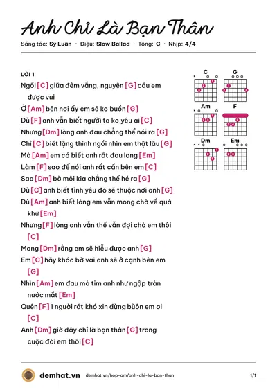 Hợp âm Anh Chỉ Là Bạn Thân (Kaishi) – bản nhạc PDF trang 1, tông C
