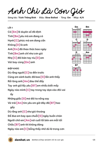 Hợp âm Anh Chỉ Là Cơn Gió (Trịnh Thăng Bình) – bản nhạc PDF trang 1, tông Em