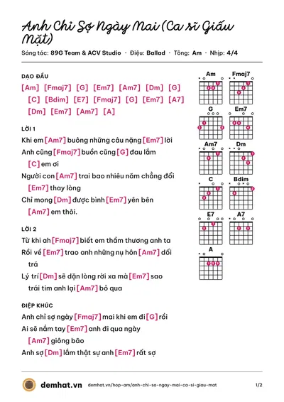 Hợp âm Anh Chỉ Sợ Ngày Mai (Ca sĩ Giấu Mặt) (Ca Sĩ Giấu Mặt) – bản nhạc PDF trang 1, tông Am
