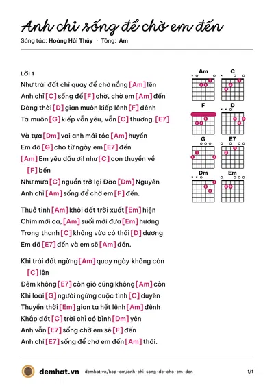 Hợp âm Anh chỉ sống để chờ em đến (Tấn Đạt) – bản nhạc PDF trang 1, tông Am