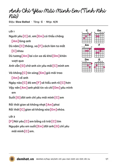 Hợp âm Anh Chỉ Yêu Mãi Mình Em (Tình Nhi Nữ) (Châu Khải Phong) – bản nhạc PDF trang 1, tông C