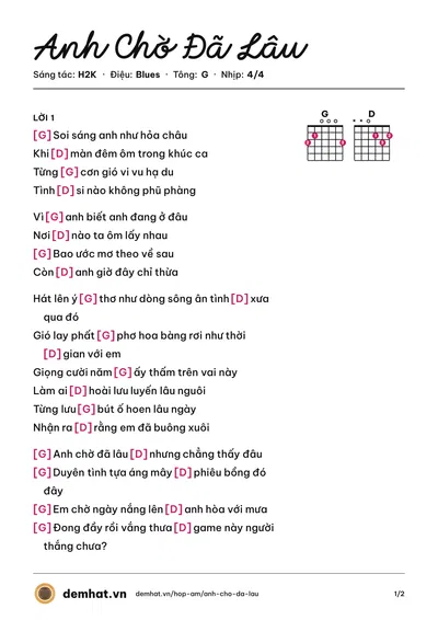 Hợp âm Anh Chờ Đã Lâu (H2K) – bản nhạc PDF trang 1, tông G