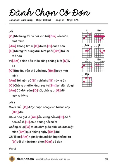 Hợp âm Ðành Chọn Cô Ðơn (Lâm Sung) – bản nhạc PDF trang 1, tông G