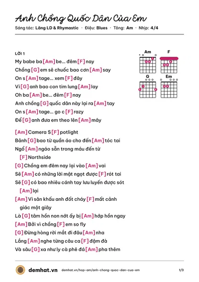 Hợp âm Anh Chồng Quốc Dân Của Em (Rhymastic) – bản nhạc PDF trang 1, tông Am