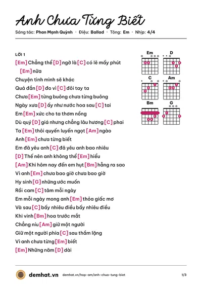 Hợp âm Anh Chưa Từng Biết (Mỹ Tâm) – bản nhạc PDF trang 1, tông Em