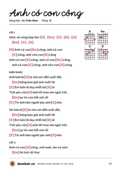 Hợp âm Anh có con công (Jin Tuấn Nam) – bản nhạc PDF trang 1, tông G