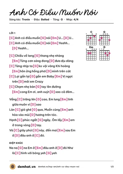 Hợp âm Anh Có Điều Muốn Nói (Tronie) – bản nhạc PDF trang 1, tông G
