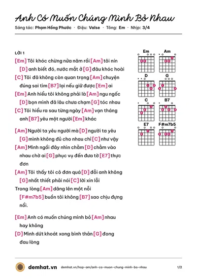 Hợp âm Anh Có Muốn Chúng Mình Bỏ Nhau (Phạm Hồng Phước) – bản nhạc PDF trang 1, tông Em