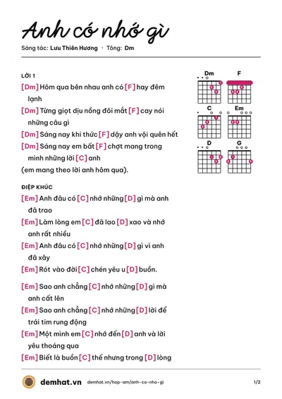 Hợp âm Anh có nhớ gì (Lưu Thiên Hương) – bản nhạc PDF trang 1, tông Dm