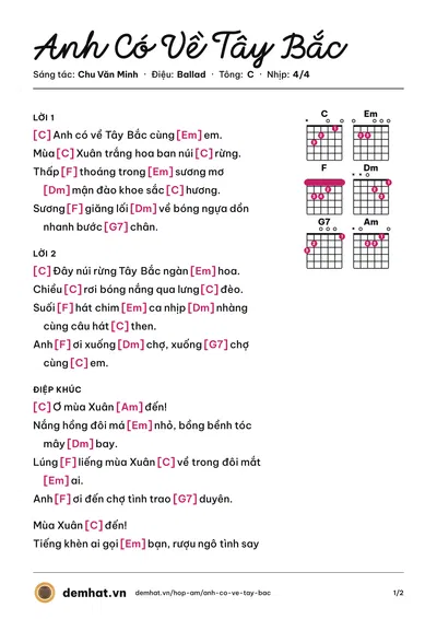 Hợp âm Anh Có Về Tây Bắc (Bùi Thúy) – bản nhạc PDF trang 1, tông C