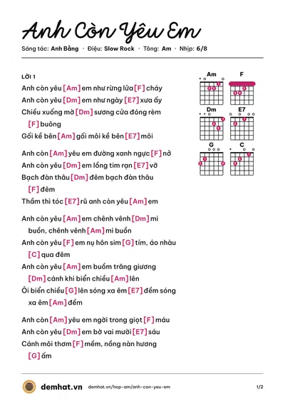 Hợp âm Anh Còn Yêu Em (Long Nhật) – bản nhạc PDF trang 1, tông Am