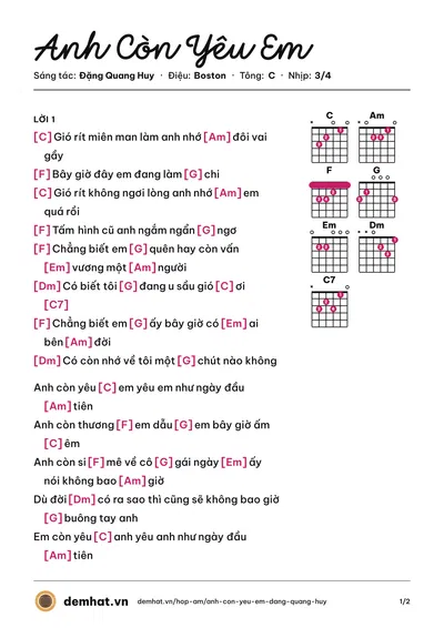 Hợp âm Anh Còn Yêu Em (T-Đạt) – bản nhạc PDF trang 1, tông C
