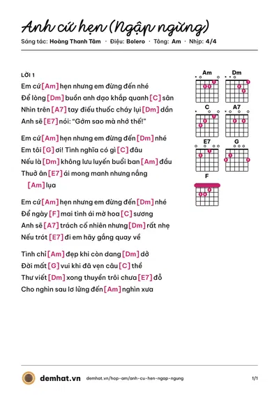 Hợp âm Anh cứ hẹn (Ngập ngừng) (Hương Lan) – bản nhạc PDF trang 1, tông Am