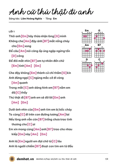 Hợp âm Anh cứ thú thật đi anh (Tâm Thư) – bản nhạc PDF trang 1, tông Em