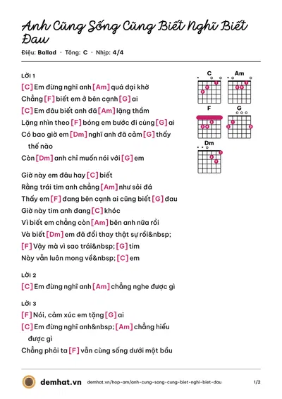 Hợp âm Anh Cũng Sống Cũng Biết Nghĩ Biết Đau (Kaisoul) – bản nhạc PDF trang 1, tông C