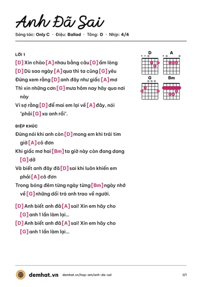 Hợp âm Anh Đã Sai (Only C) – bản nhạc PDF trang 1, tông D