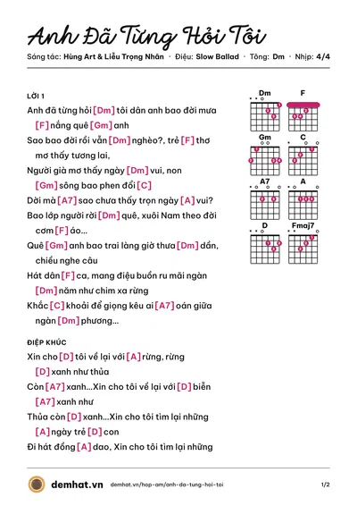 Hợp âm Anh Đã Từng Hỏi Tôi (Hùng Art) – bản nhạc PDF trang 1, tông Dm