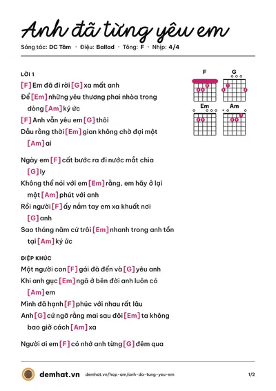 Hợp âm Anh đã từng yêu em (Dương Nhất Linh) – bản nhạc PDF trang 1, tông F