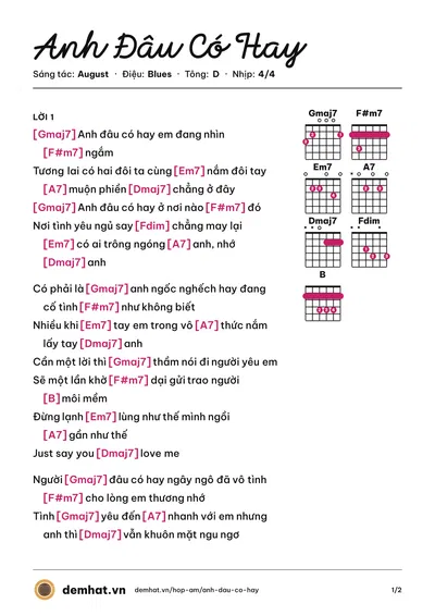 Hợp âm Anh Đâu Có Hay (Lemese) – bản nhạc PDF trang 1, tông D