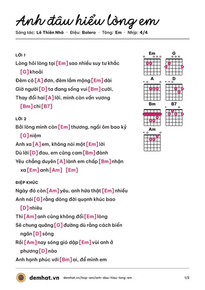 Hợp âm Anh đâu hiểu lòng em (Thúy Hương) – bản nhạc PDF trang 1, tông Em