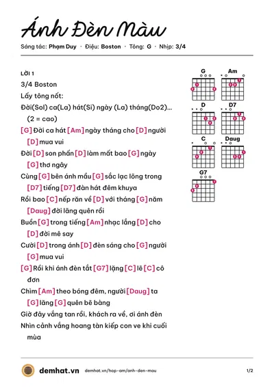 Hợp âm Ánh Đèn Màu (Lệ Thu) – bản nhạc PDF trang 1, tông G
