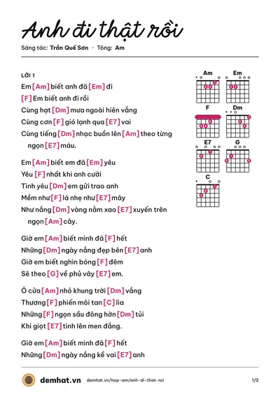 Hợp âm Anh đi thật rồi (Hiền Thục) – bản nhạc PDF trang 1, tông Am