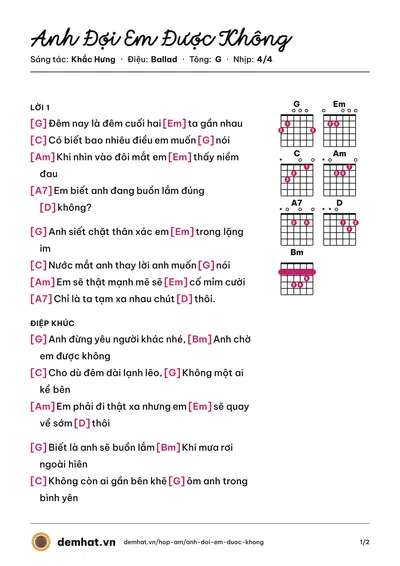 Hợp âm Anh Đợi Em Được Không (Mỹ Tâm) – bản nhạc PDF trang 1, tông G