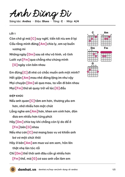 Hợp âm Anh Đừng Đi (LyLy) – bản nhạc PDF trang 1, tông C